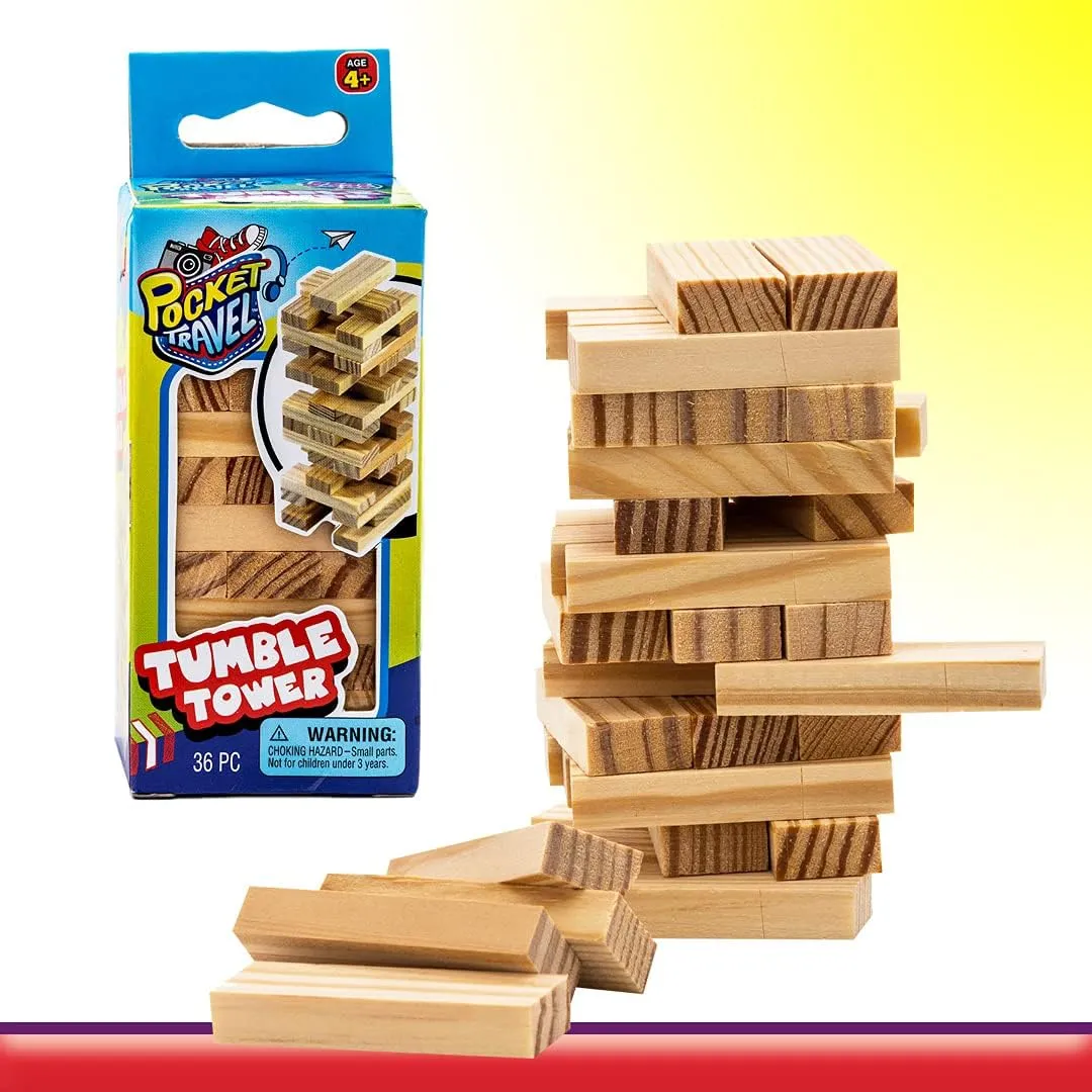 Real Wood Mini Tumble Tower Classic Game (6 Sets) Travel Size 4 Inch by JARU. Mini Wooden Tumbling Tower Blocks Toy Party Favors Board Games Toys. 3276-6p