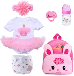 Reborn Baby Doll Clothes Set with Backpack Diaper fit 17-22 Inch Baby Girl Dolls Cute Pink Tutu Dress Ballet Skirt Newborn Dolls Clothes Feeding Bottle Accessories 6 Pieces of Pack