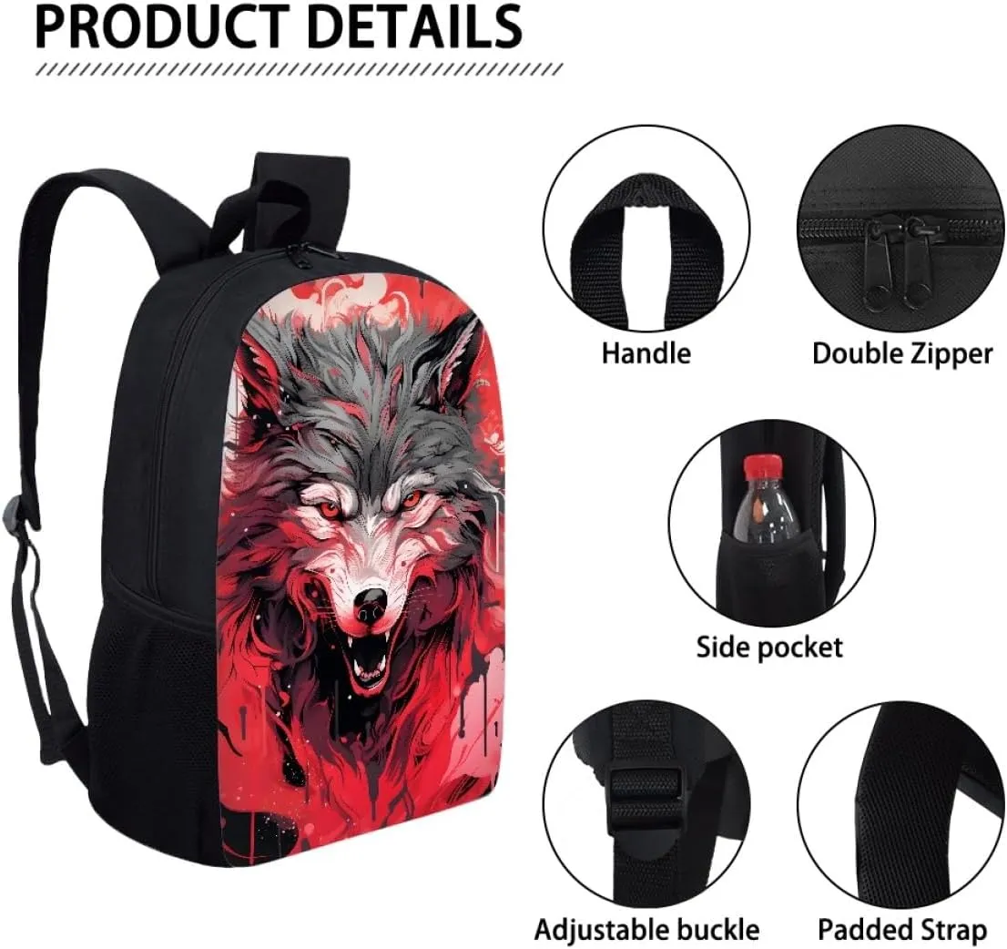 Red Wolf Head Cool School Bags Kids Boys Mens Backpack Bookbags Rucksack Daypack for Student Birthday Gift,Cool Wolf Head