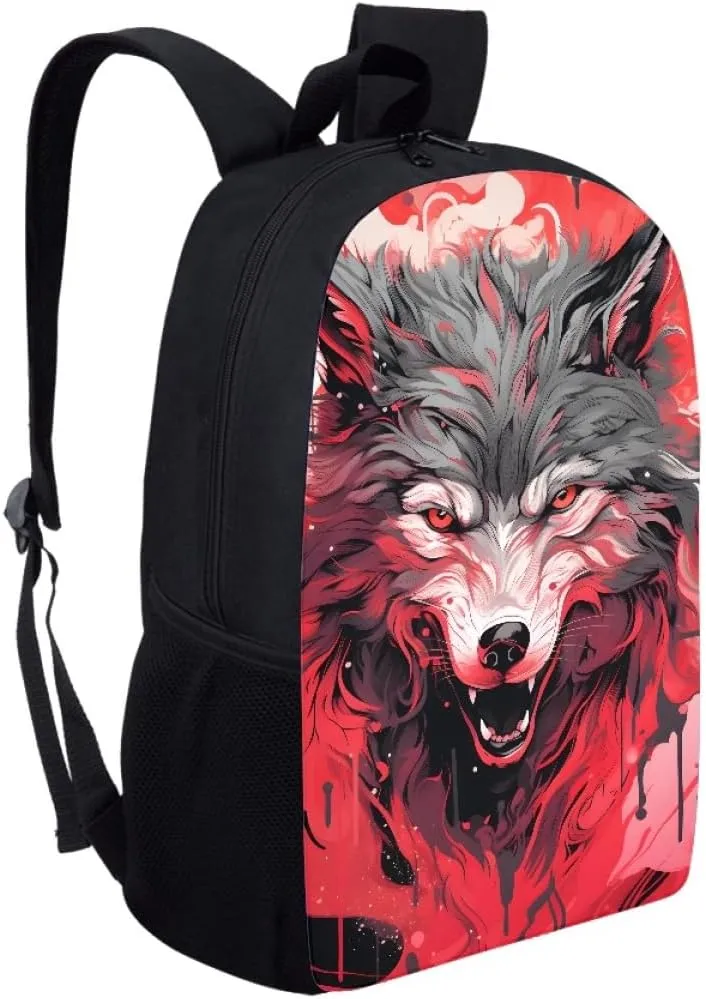 Red Wolf Head Cool School Bags Kids Boys Mens Backpack Bookbags Rucksack Daypack for Student Birthday Gift,Cool Wolf Head