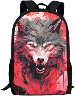 Red Wolf Head Cool School Bags Kids Boys Mens Backpack Bookbags Rucksack Daypack for Student Birthday Gift,Cool Wolf Head
