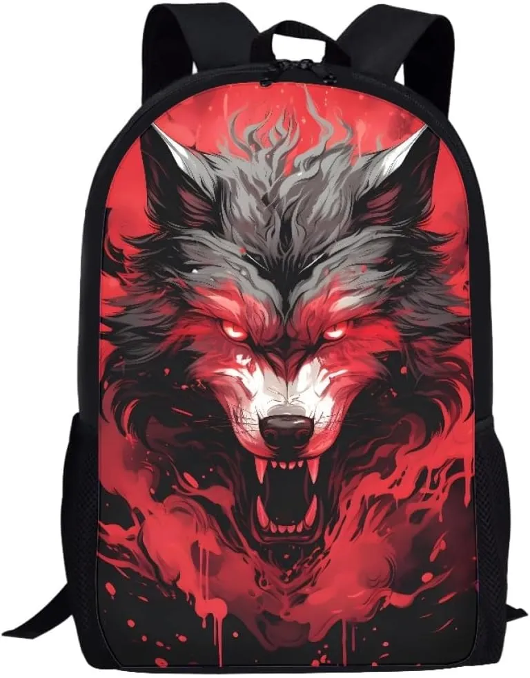 Red Wolf Head Cool School Bags Kids Boys Mens Backpack Bookbags Rucksack Daypack for Student Birthday Gift,Red Anger Wolf