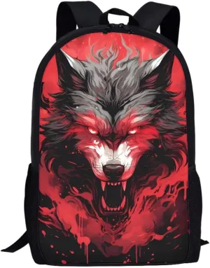 Red Wolf Head Cool School Bags Kids Boys Mens Backpack Bookbags Rucksack Daypack for Student Birthday Gift,Red Anger Wolf