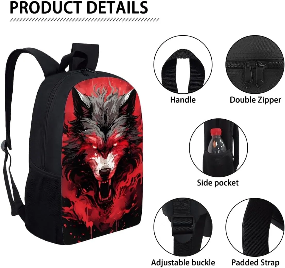 Red Wolf Head Cool School Bags Kids Boys Mens Backpack Bookbags Rucksack Daypack for Student Birthday Gift,Red Anger Wolf
