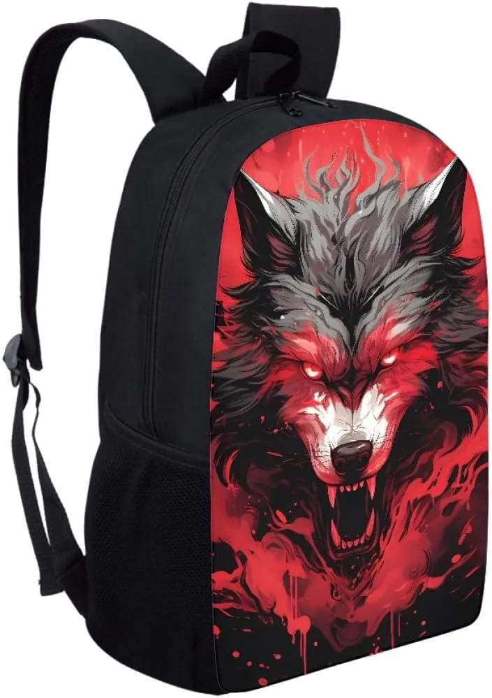 Red Wolf Head Cool School Bags Kids Boys Mens Backpack Bookbags Rucksack Daypack for Student Birthday Gift,Red Anger Wolf