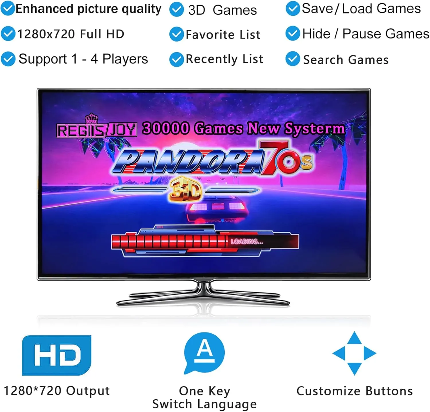 RegiisJoy【 30000 Games in 1 】 Pandora's Box 70S Arcade Game Console Retro Game Machine for PC & Projector & TV, 2-4 Players, 1280X720, 3D Games, Search/Hide/Save/Load/Pause Games, Favorite List