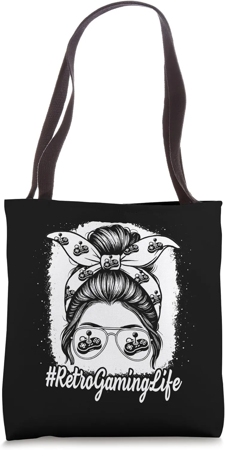 Retro Gaming Life Messy Bun Console Pixel Arcade Girl Women Tote Bag