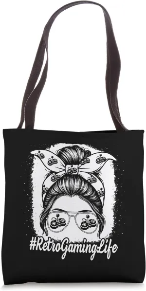 Retro Gaming Life Messy Bun Console Pixel Arcade Girl Women Tote Bag