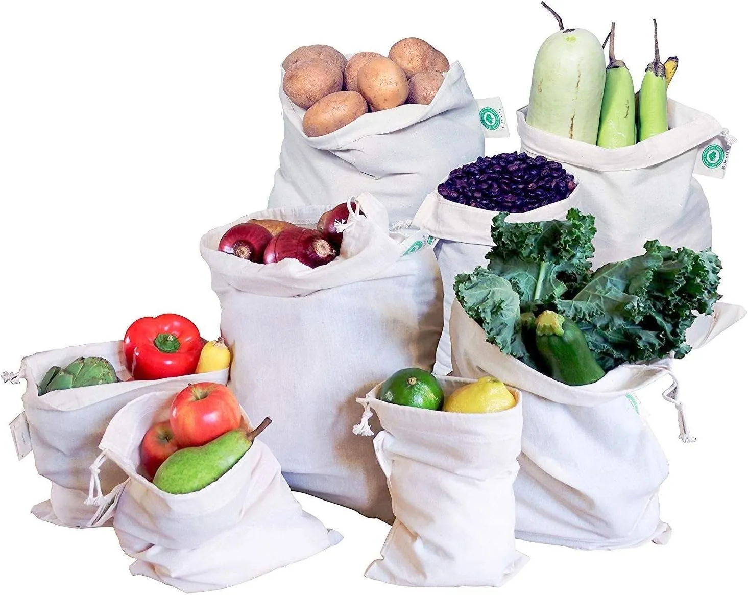 Reusable Bulk Bin Bags for Bulk Foods - Reusable Cloth Kitchen Bags for Dry Goods - 100% Organic Cotton Muslin Sacks for Produce, Home Storage and Toys (3 Large, 3 X-Large)