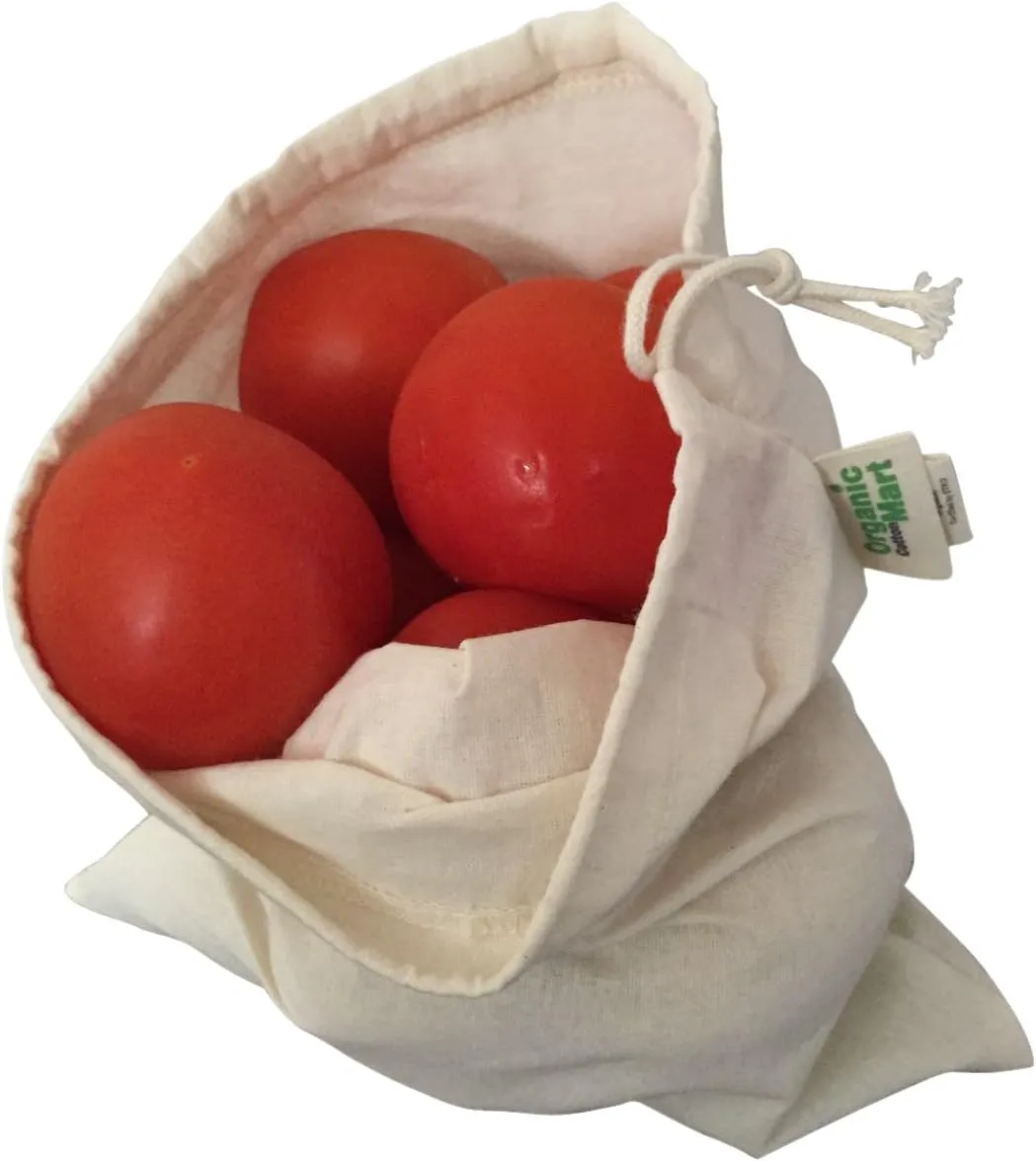 Reusable Grocery Bags for Produce - Small Size Muslin Bags for Brewing and Making Tea - Made of 100% Organic Cotton with Drawstring - Set of 3 (Small - 8"x10")