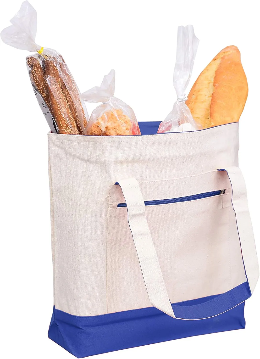 Reusable Heavy Canvas Zippered Tote Bags Two Tone Carry -All w/Zipper Front Pocket for Beach, Pool Visits, Shopping, Travel