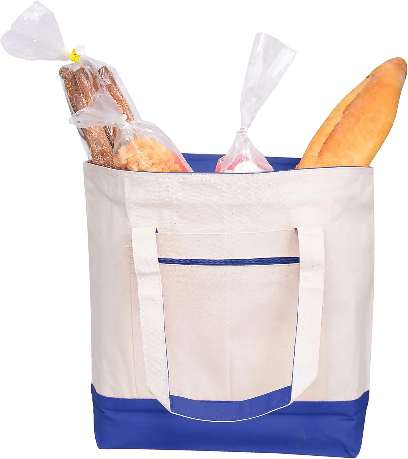 Reusable Heavy Canvas Zippered Tote Bags Two Tone Carry -All w/Zipper Front Pocket for Beach, Pool Visits, Shopping, Travel