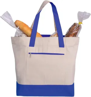 Reusable Heavy Canvas Zippered Tote Bags Two Tone Carry -All w/Zipper Front Pocket for Beach, Pool Visits, Shopping, Travel