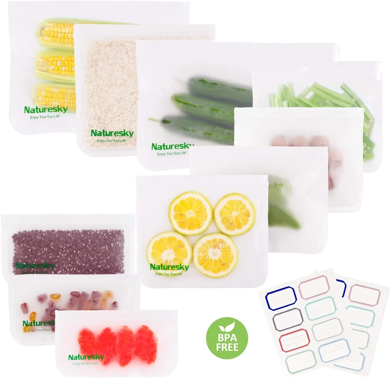 Reusable Storage Bags - 10 Pack BPA FREE Freezer Bags(3 Reusable Gallon Bags   4 Leakproof Reusable Sandwich Bags   3 Reusable Snack Bags) Ziplock Bags