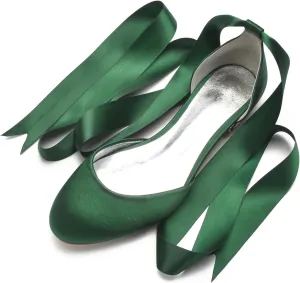 Ribbon Tie Wedding Flats for Bride 5047-62 Satin Comfortable Round Toe Party Dress Pumps Ballet Flat Shoes