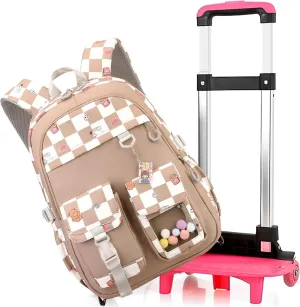 Rolling Backpack for Elementary School Students Teens Travel Bag Wheeled Trolley Trip Luggage Trolley Daypack for Girls and Boys, BN&W Checkered