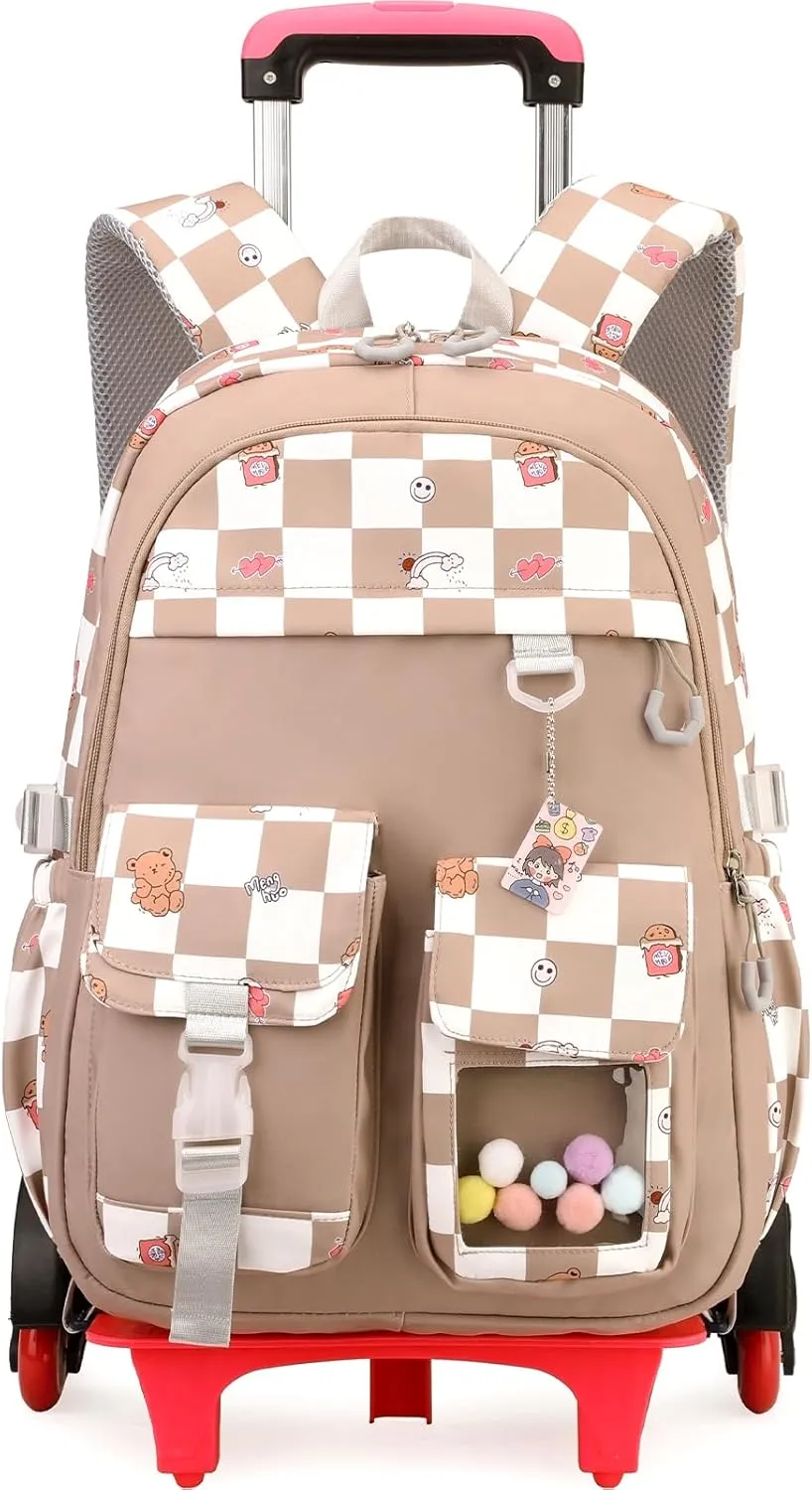 Rolling Backpack for Elementary School Students Teens Travel Bag Wheeled Trolley Trip Luggage Trolley Daypack for Girls and Boys, BN&W Checkered