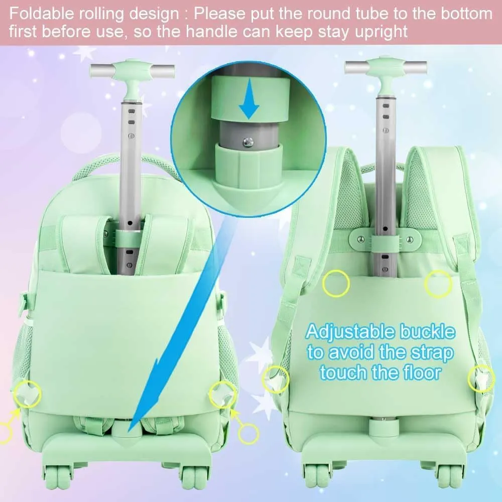 Rolling Backpack for Women, 21 inch Roller Wheels Backpacks with Lunch Bag, Water Resistant Wheeled Bookbag for Teens Girls Travel Elementary - Green