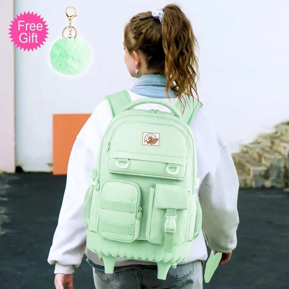 Rolling Backpack for Women, 21 inch Roller Wheels Backpacks with Lunch Bag, Water Resistant Wheeled Bookbag for Teens Girls Travel Elementary - Green