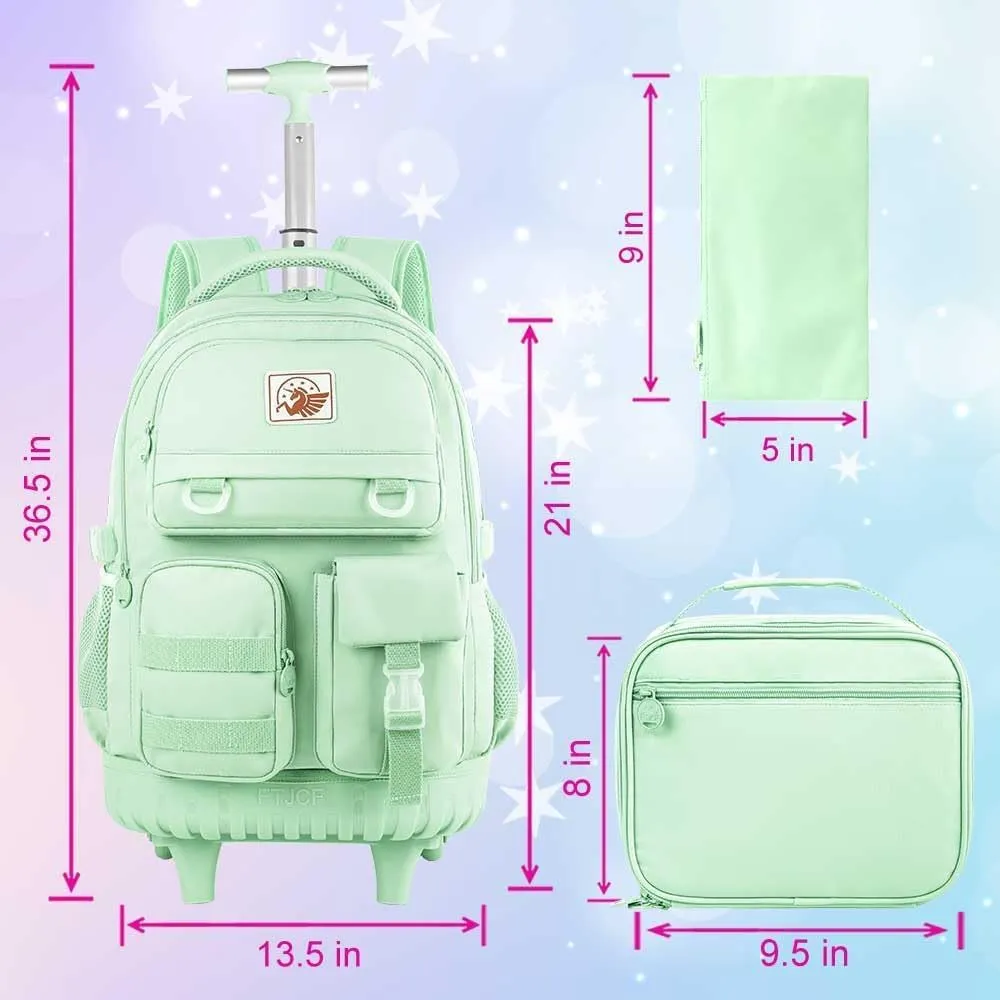 Rolling Backpack for Women, 21 inch Roller Wheels Backpacks with Lunch Bag, Water Resistant Wheeled Bookbag for Teens Girls Travel Elementary - Green