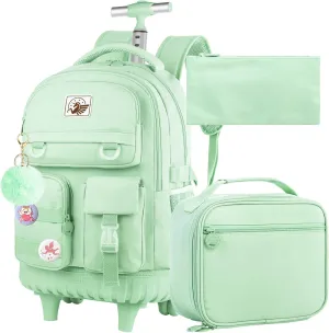Rolling Backpack for Women, 21 inch Roller Wheels Backpacks with Lunch Bag, Water Resistant Wheeled Bookbag for Teens Girls Travel Elementary - Green