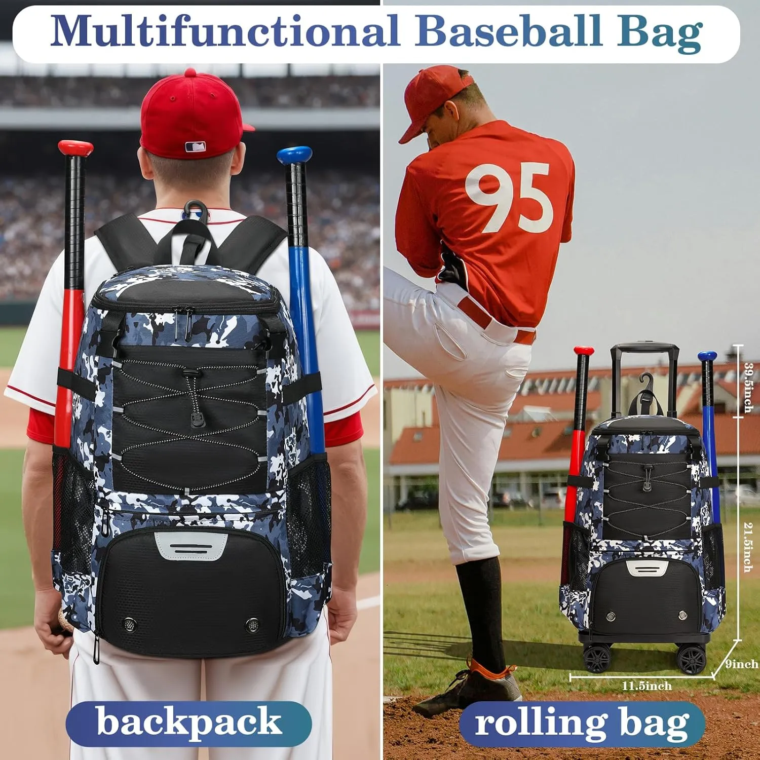 Rolling Baseball Bag with Fence Hook - Wheeled Softball Bat Bag for Adults with Shoe Compartment for Teeball Gear