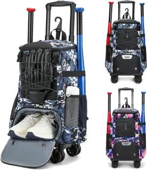 Rolling Baseball Bag with Fence Hook - Wheeled Softball Bat Bag for Adults with Shoe Compartment for Teeball Gear