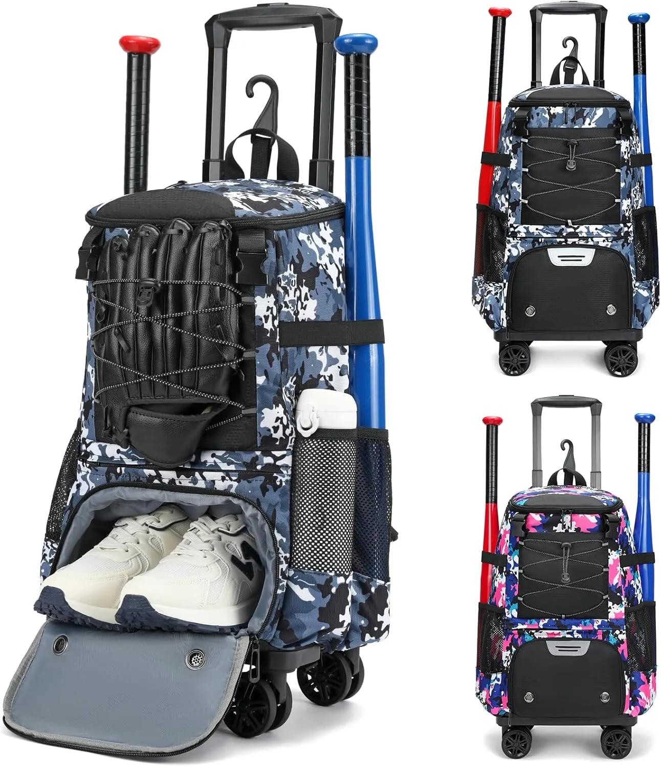 Rolling Baseball Bag with Fence Hook - Wheeled Softball Bat Bag for Adults with Shoe Compartment for Teeball Gear