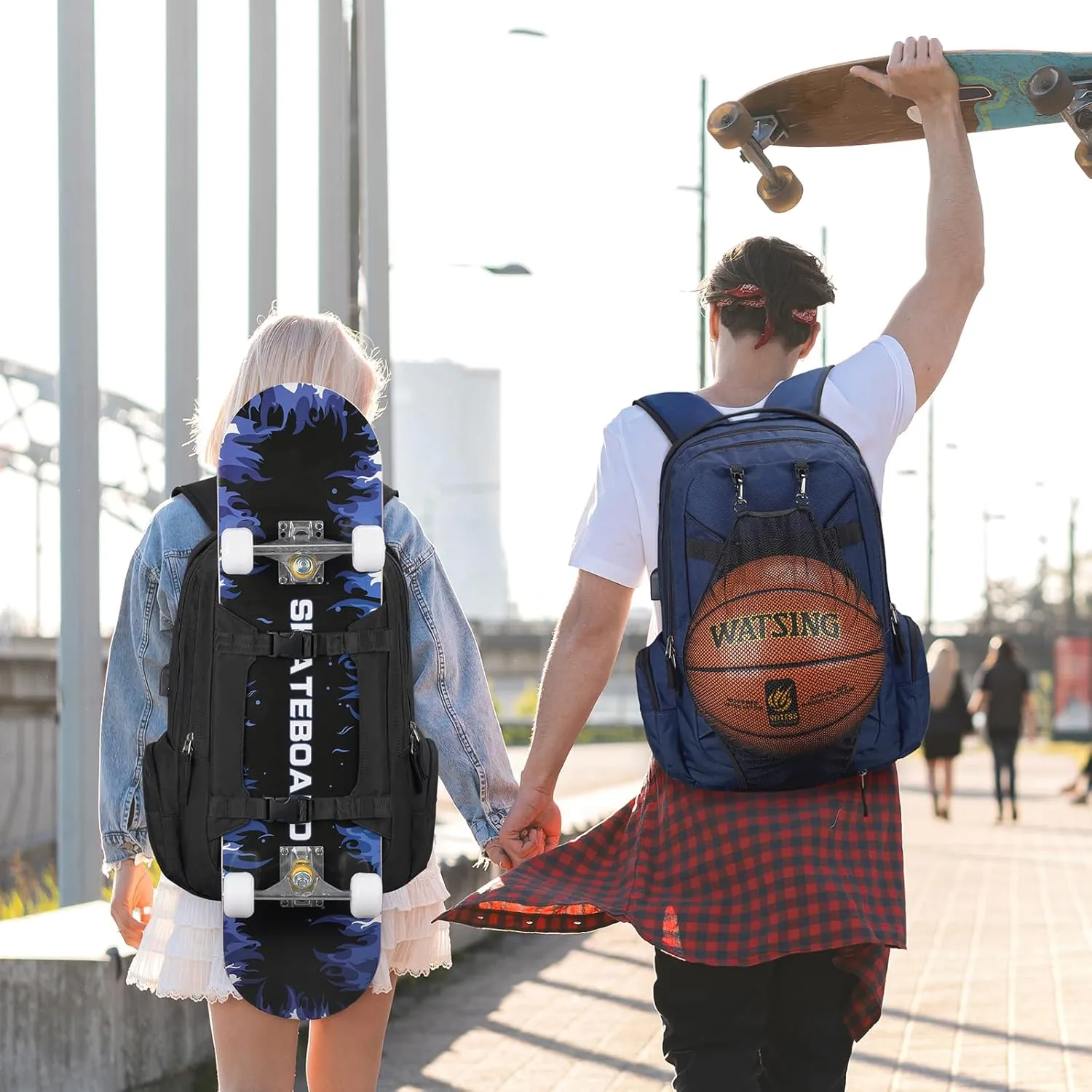 Ronyes Skateboard Backpack, Skateboard Bag,17.3 Inch Laptop Backpack with USB Charging Port, Basketball Longboard Backpack for Sports Travel Blue
