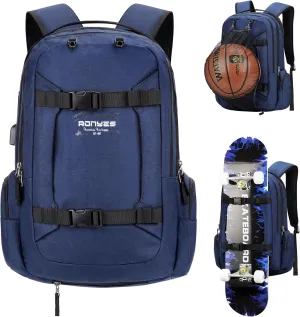 Ronyes Skateboard Backpack, Skateboard Bag,17.3 Inch Laptop Backpack with USB Charging Port, Basketball Longboard Backpack for Sports Travel Blue