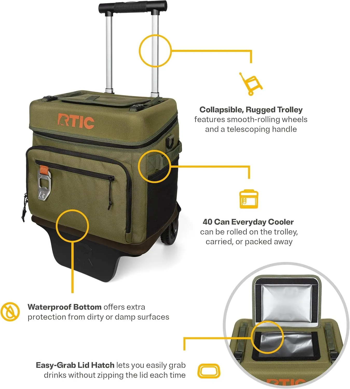 RTIC 40 Can Everyday Wheeled Cooler, Soft Sided Insulated Portable Rolling Collapsible Cooler Bag with Wheels and Handle for Outdoor, Beach, Camping, Sports, Travel, Leakproof