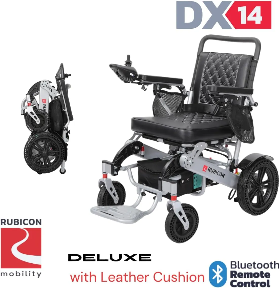 Rubicon DX14 - Longest Range 30 Miles, Airline Approved Electric Wheelchair, Dual 12AH Lithium Batteries, 2x300W Motors, Leather Cushion, Foldable, Lightweight & Powerful