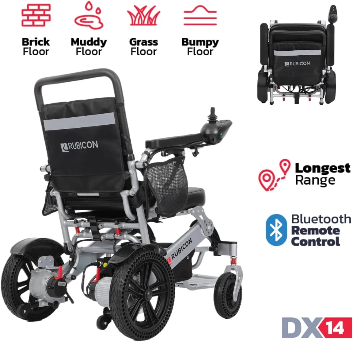 Rubicon DX14 - Longest Range 30 Miles, Airline Approved Electric Wheelchair, Dual 12AH Lithium Batteries, 2x300W Motors, Leather Cushion, Foldable, Lightweight & Powerful