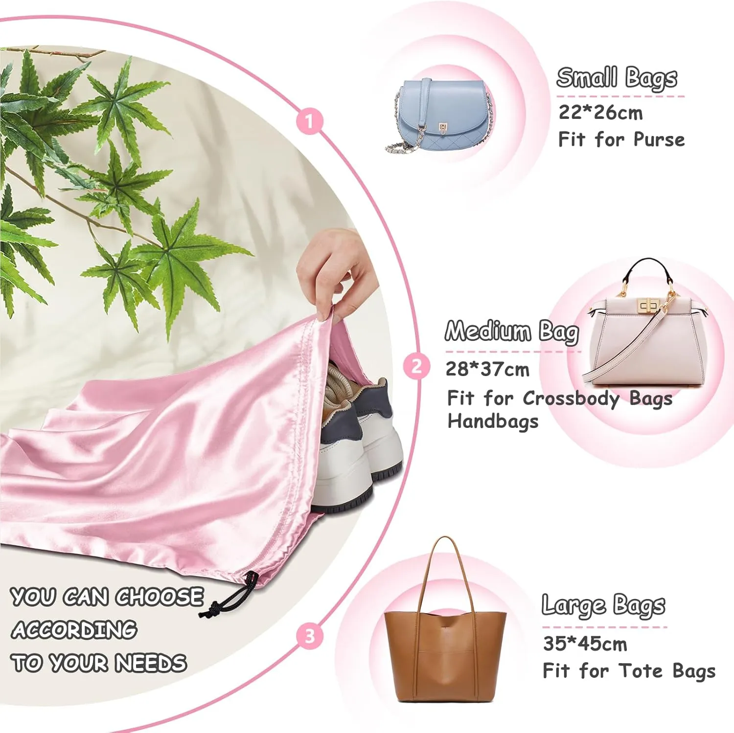 RUDONG M 8 Pack Satin Dust Bags for Handbag, Silky Cover With Drawstring, Pink Purse Storage, Travel Pouch for Clothes and Shoes