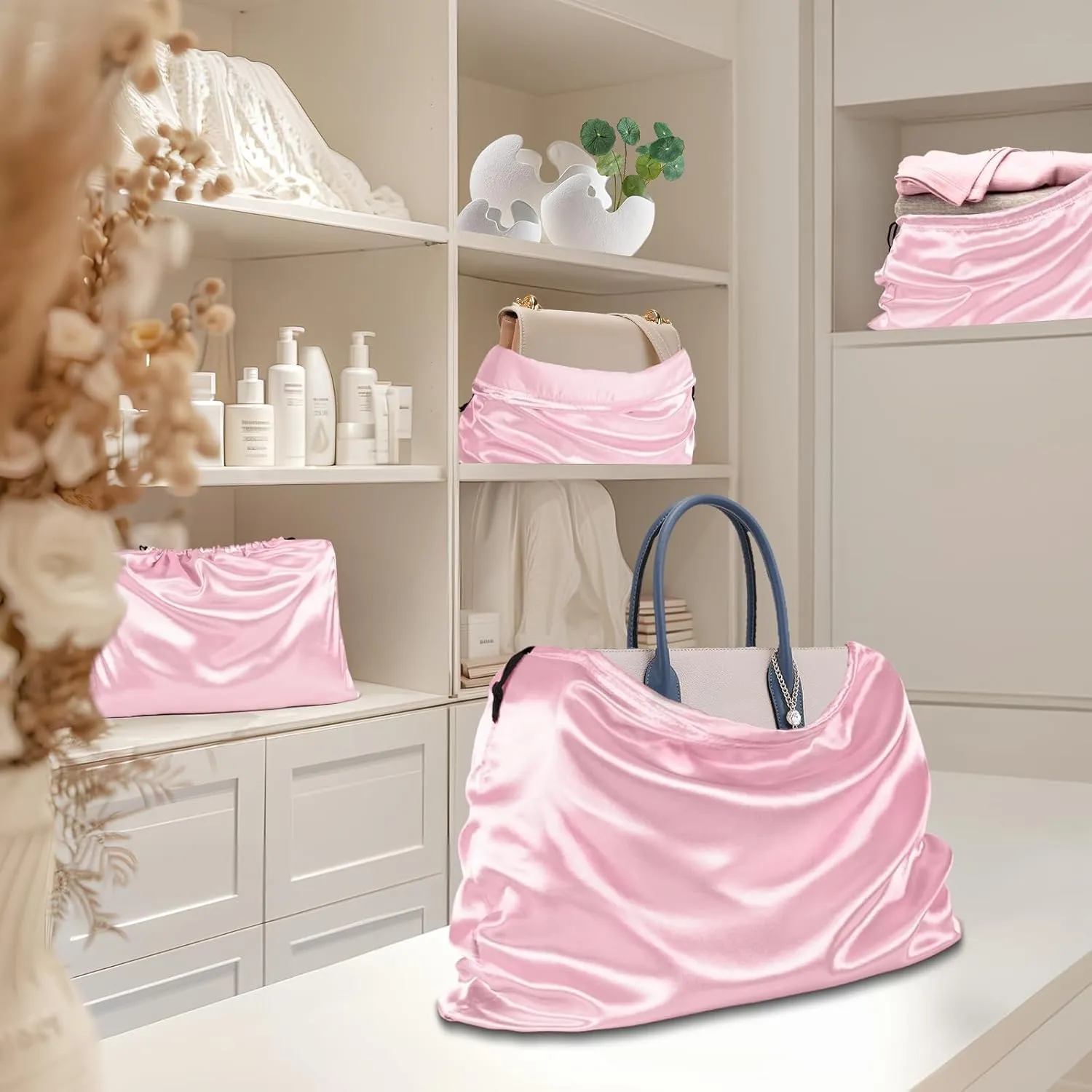 RUDONG M 8 Pack Satin Dust Bags for Handbag, Silky Cover With Drawstring, Pink Purse Storage, Travel Pouch for Clothes and Shoes
