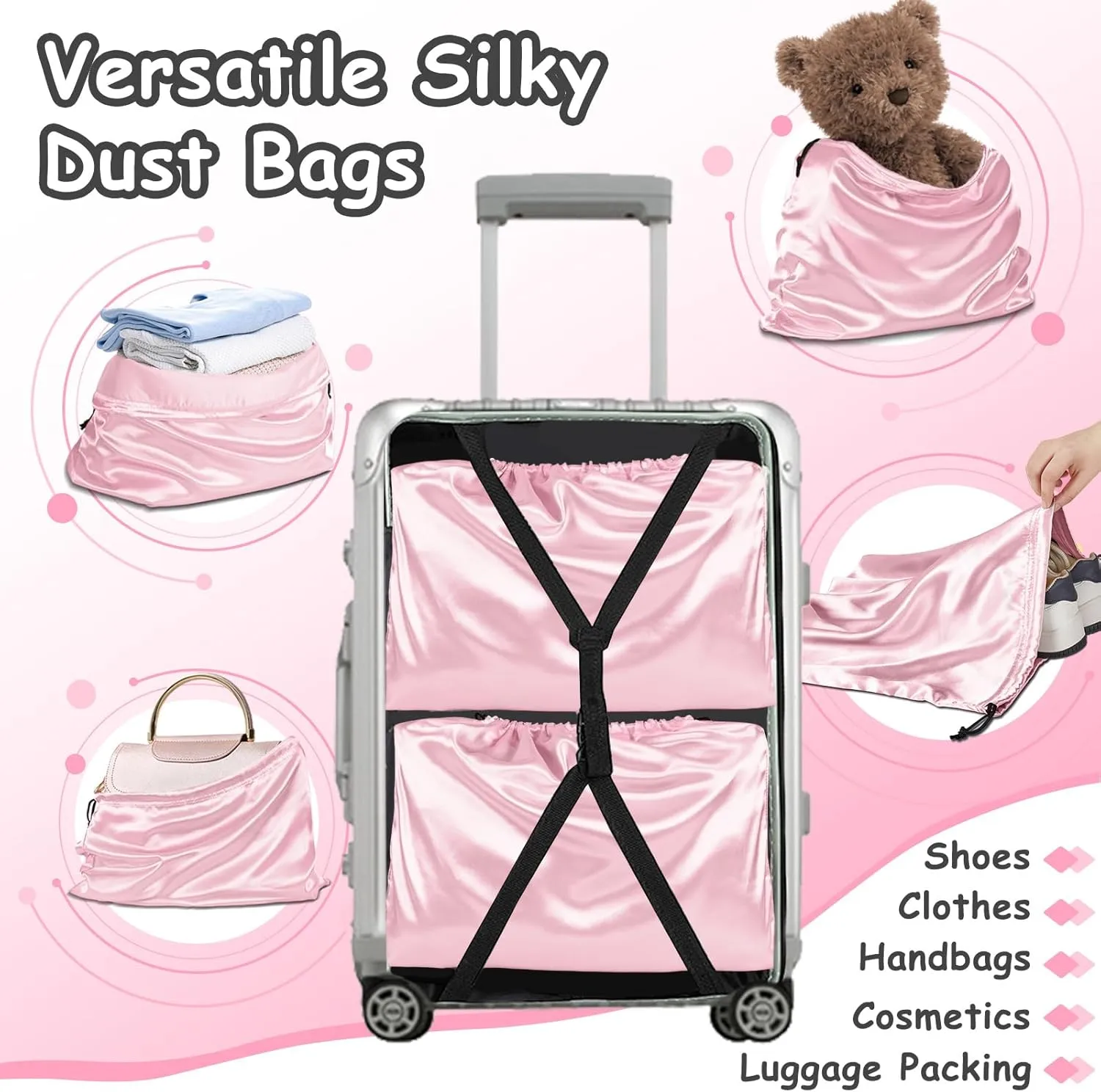RUDONG M 8 Pack Satin Dust Bags for Handbag, Silky Cover With Drawstring, Pink Purse Storage, Travel Pouch for Clothes and Shoes