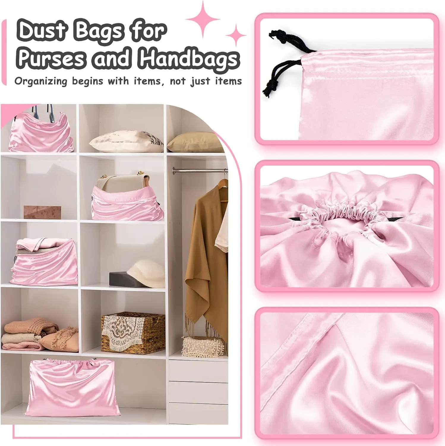 RUDONG M 8 Pack Satin Dust Bags for Handbag, Silky Cover With Drawstring, Pink Purse Storage, Travel Pouch for Clothes and Shoes