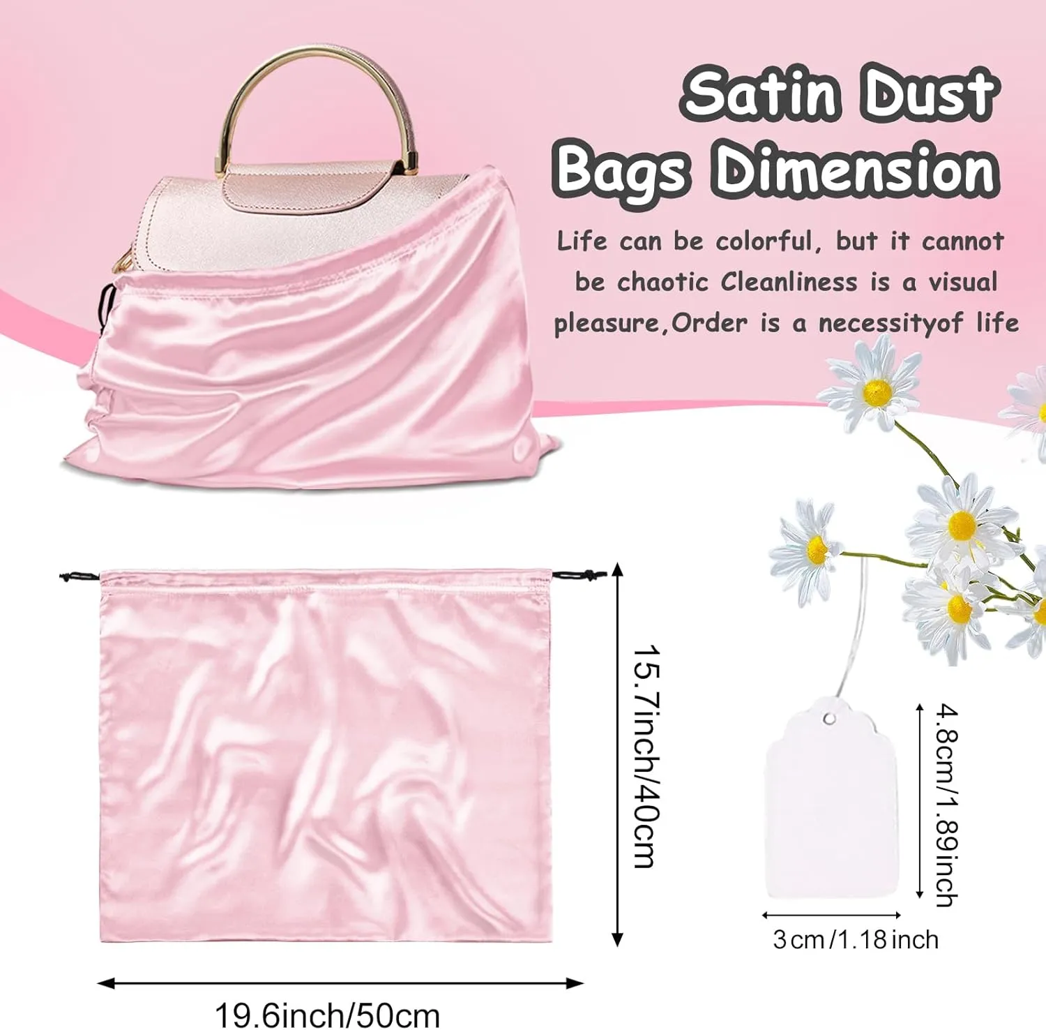 RUDONG M 8 Pack Satin Dust Bags for Handbag, Silky Cover With Drawstring, Pink Purse Storage, Travel Pouch for Clothes and Shoes