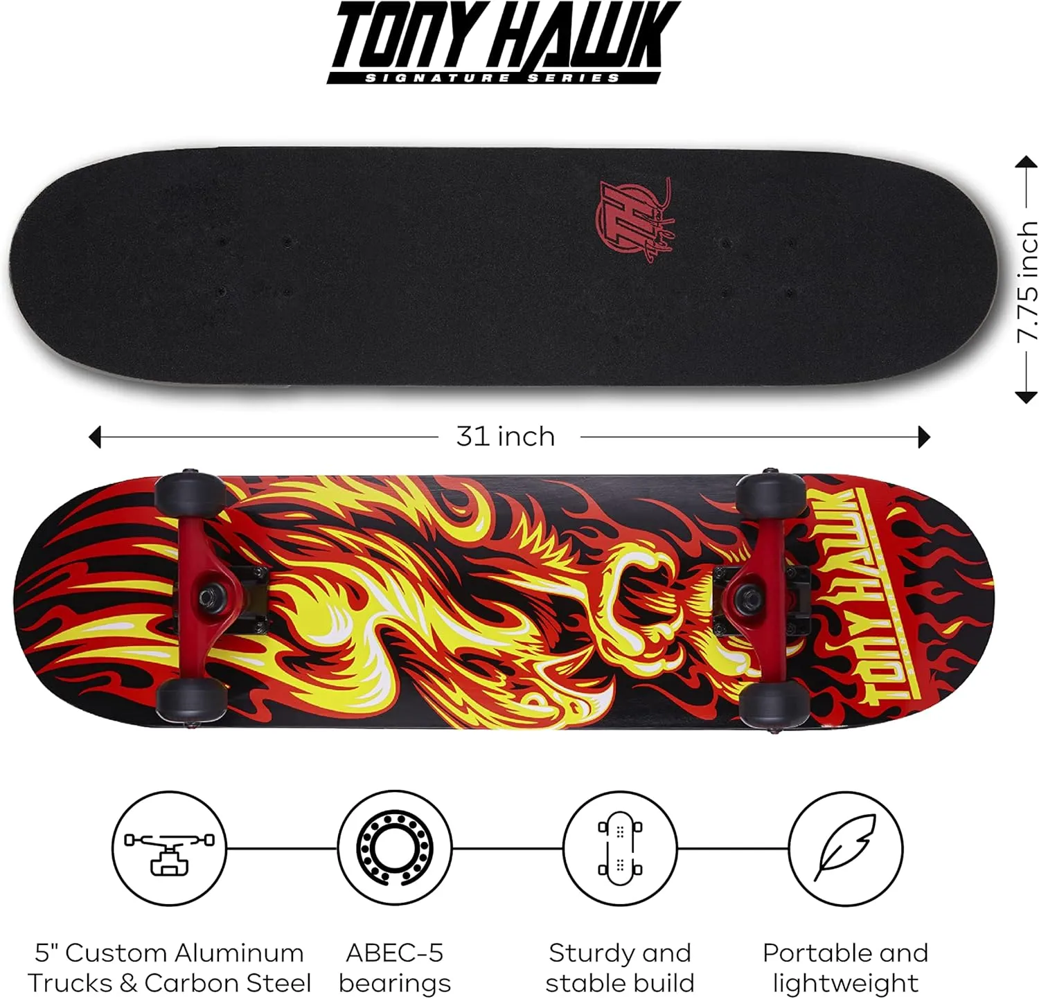 Sakar Tony Hawk 31 Inch Skateboard Tony Hawk Signature Series 4, 9-ply Maple Deck Skateboard for Cruising, Carving, Tricks and Downhill