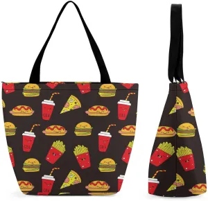 Salami Pizza Slices Potato Sandwiches Hot Dogs Womens Tote Bag Purse with Zippered Shoulder Handbags For Work