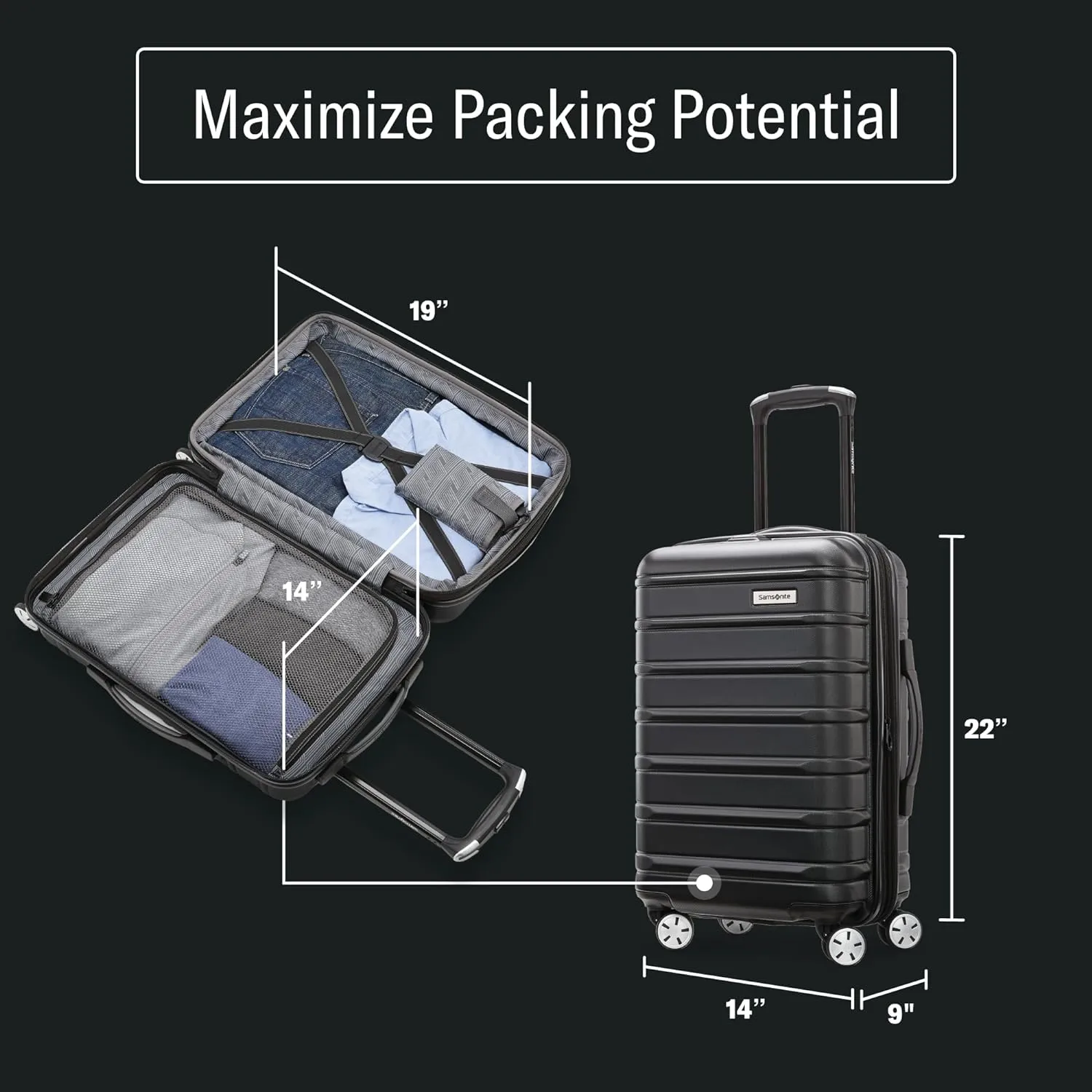 Samsonite Omni 2 Hardside Expandable Luggage with Spinner Wheels, 16X14X9 CARRY-ON SPINNER, SOLID CHARCOAL