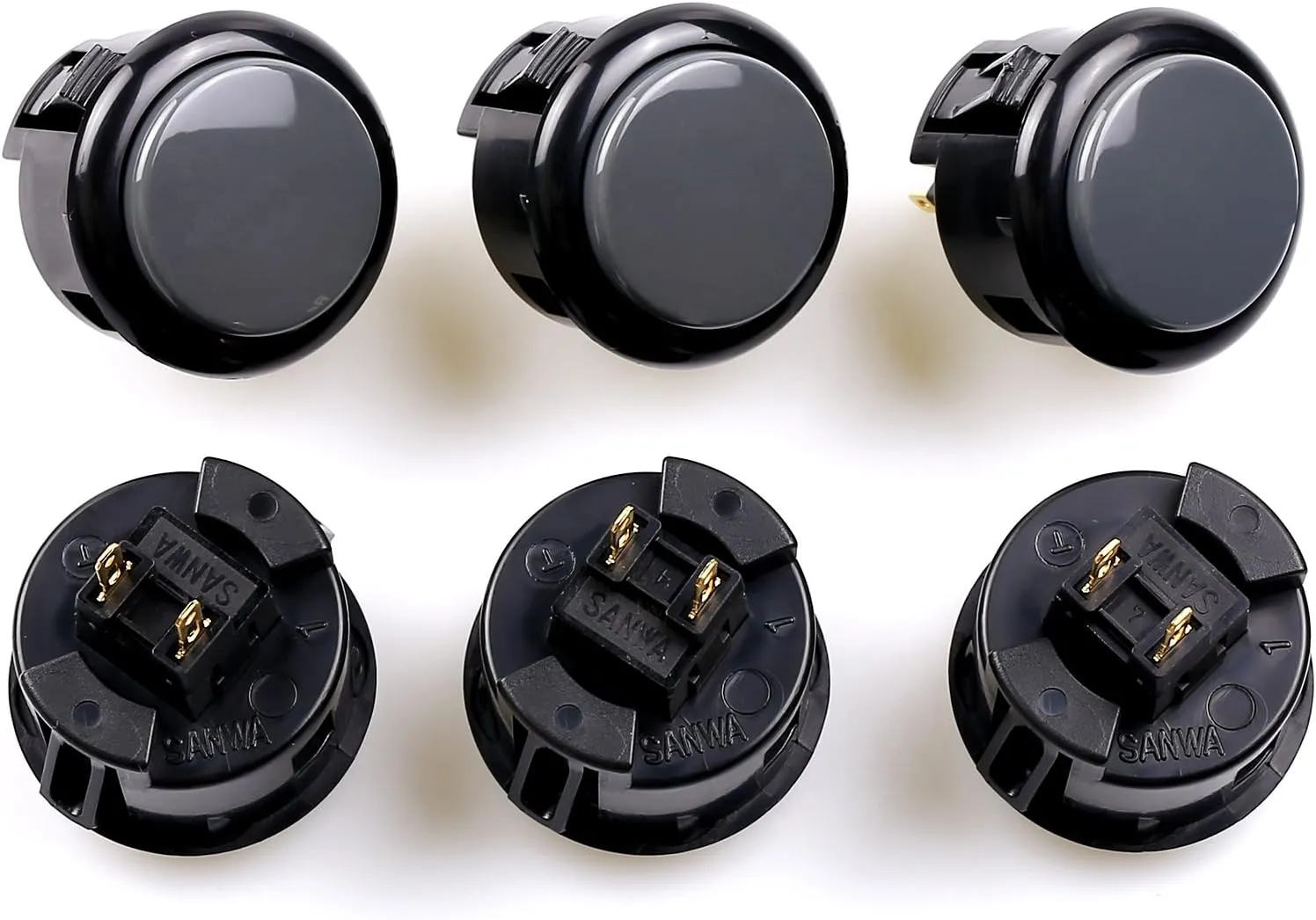 SANWA 6 pcs OBSF-30 Original Push Button 30mm - for Arcade Jamma Video Game & Arcade Joystick Games Console (Black & Gray) S@NWA