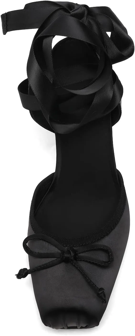 Satin Ballerina Heels for Women Closed Square Toe Bow Knot Ballet Heel Strappy Lace Up Backless Pumps Shoe Casual Mary Jane Stiletto Slingback Shoes