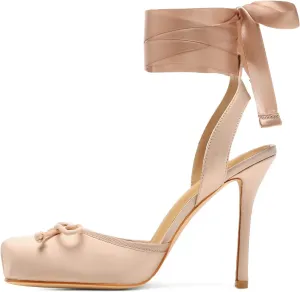 Satin Ballerina Heels for Women Closed Square Toe Bow Knot Ballet Heel Strappy Lace Up Backless Pumps Shoe Casual Mary Jane Stiletto Slingback Shoes
