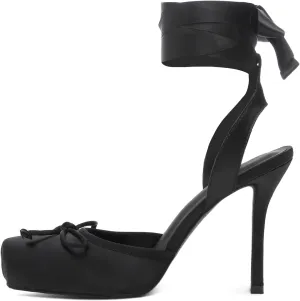 Satin Ballerina Heels for Women Closed Square Toe Bow Knot Ballet Heel Strappy Lace Up Backless Pumps Shoe Casual Mary Jane Stiletto Slingback Shoes