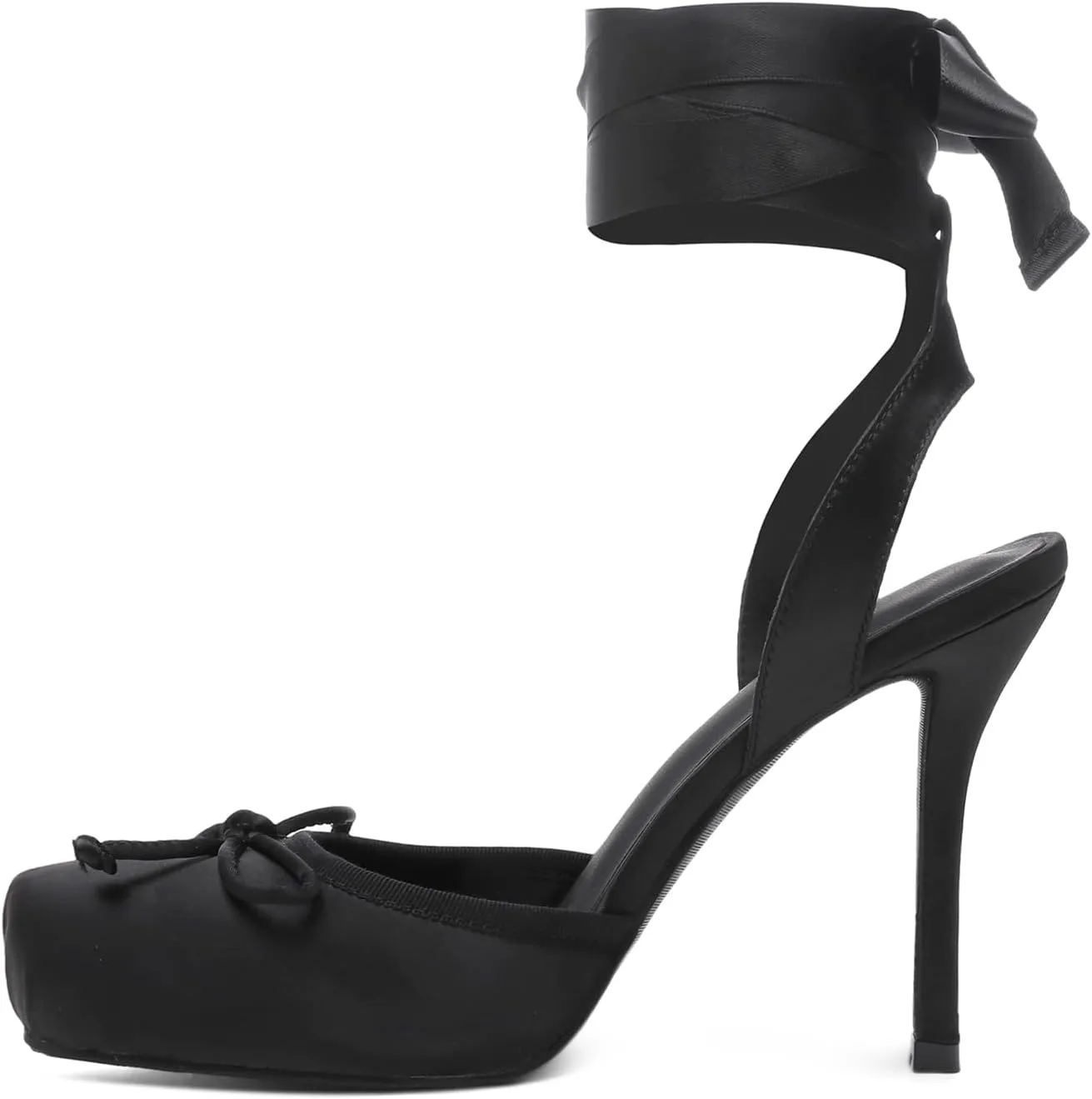 Satin Ballerina Heels for Women Closed Square Toe Bow Knot Ballet Heel Strappy Lace Up Backless Pumps Shoe Casual Mary Jane Stiletto Slingback Shoes