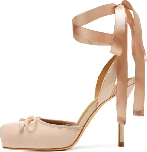 Satin Ballet Heels for Women Closed Square Toe Bow Ballerina Heels Lace Up High Heel Slingback Pumps Strappy Stiletto Mary Janes Elegant Party Shoes