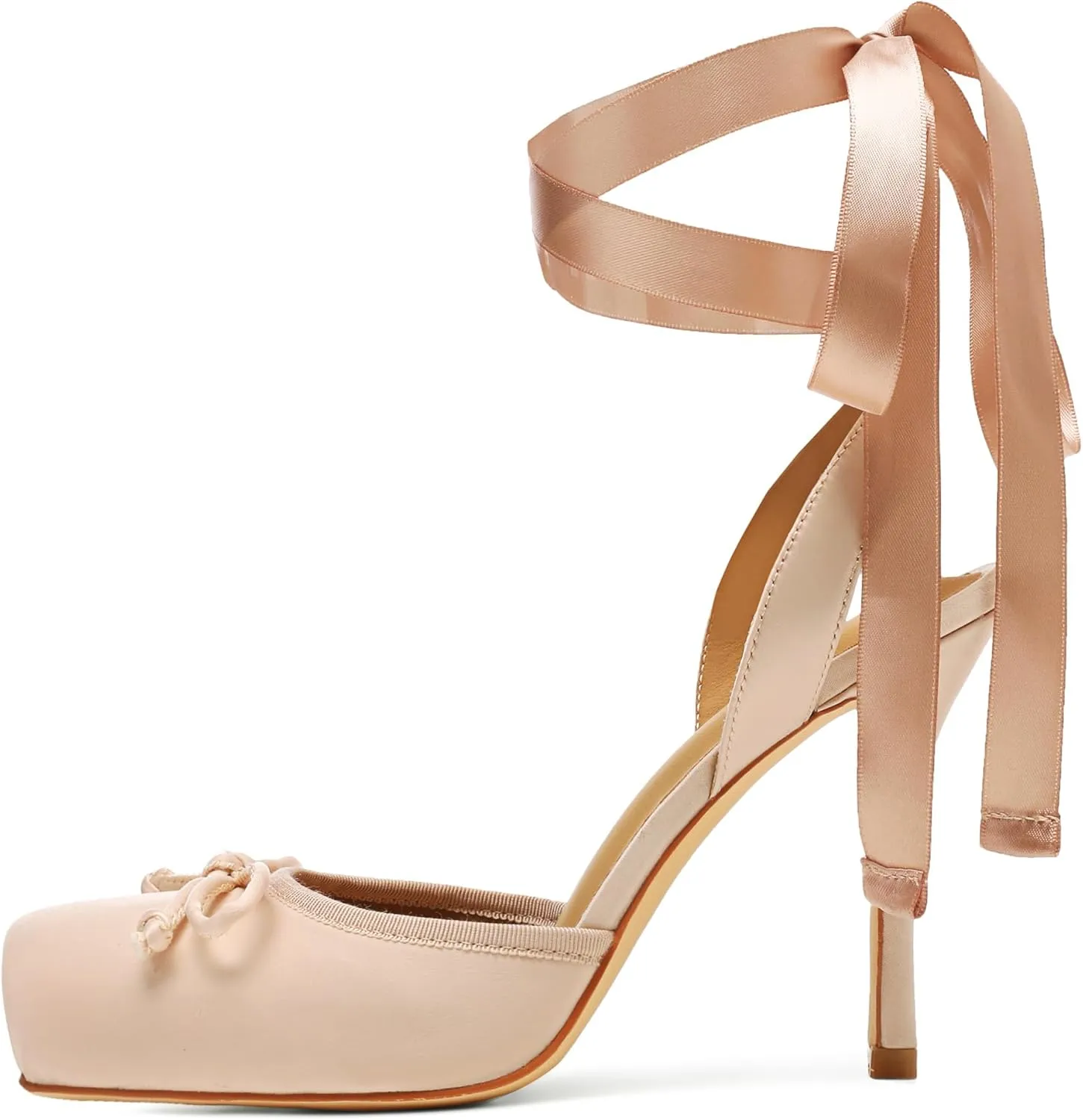 Satin Ballet Heels for Women Closed Square Toe Bow Ballerina Heels Lace Up High Heel Slingback Pumps Strappy Stiletto Mary Janes Elegant Party Shoes