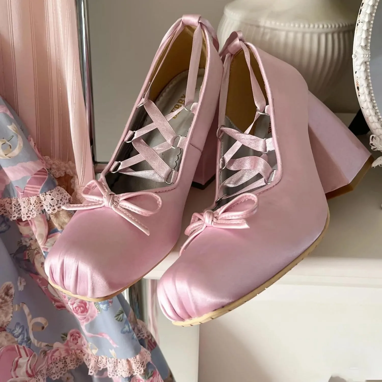 Satin Ballet Heels for Women Lace Up Chunky High Heel Pumps Square Toe Bow Ballerina Ballet Party Dress Shoes