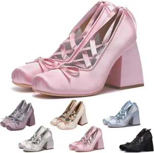 Satin Ballet Heels for Women Lace Up Chunky High Heel Pumps Square Toe Bow Ballerina Ballet Party Dress Shoes